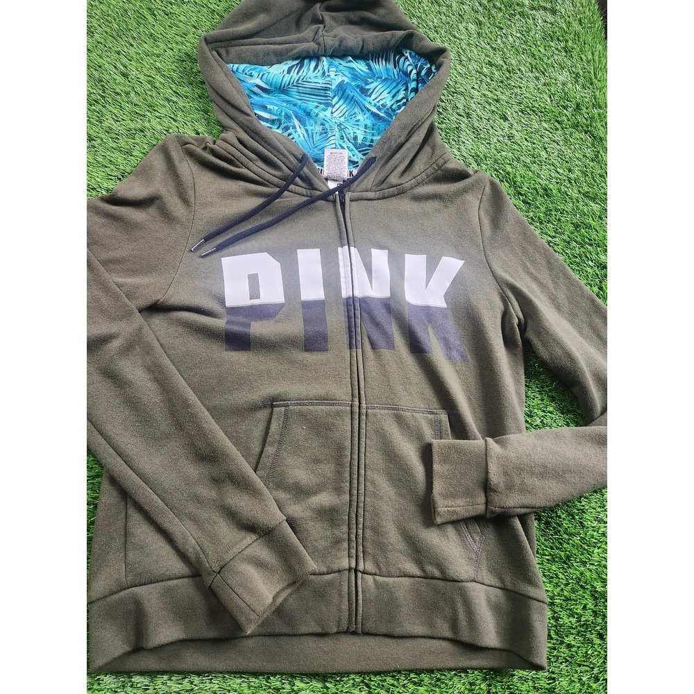 PINK Victoria's Secret Hoodie Womens L Green Full Zip Graphic Logo Fleece Jacket